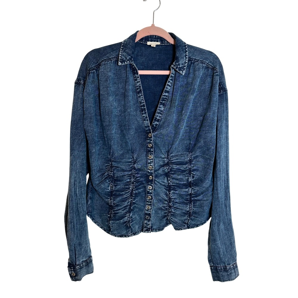Pilcro Washed Denim Button-Down Shirt - Blue